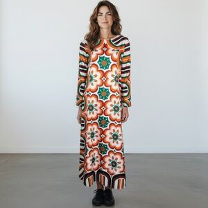 Alisastyle Orange White Black Green Geometric Long Sleeve Sheath Maxi Dress